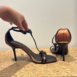 Burberry Black and Copper Satin T-Strap Heels